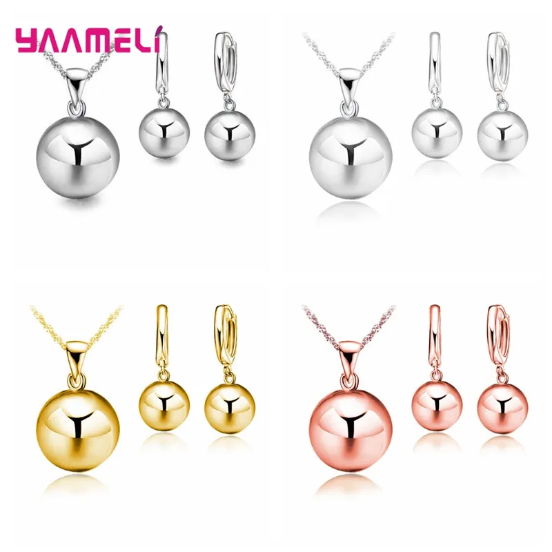 Jewelry Sets for Wedding Engagement 925 Silver Color 12MM Smooth Ball Round Metal Stone Necklaces Earrings Anniversary Gift - 2