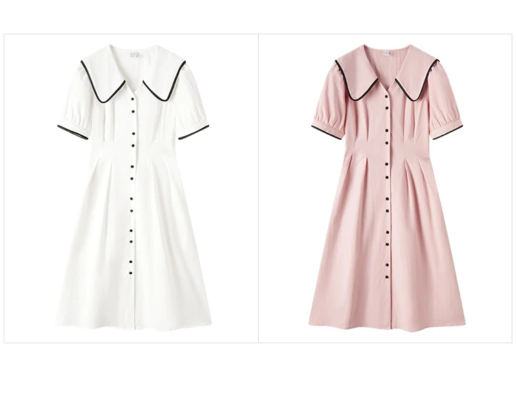 Vestido de mujer de algodón puro con mangas abullonadas, nuevo vestido de verano con bloques de color, solapa grande y largo medio, estilo universitario.