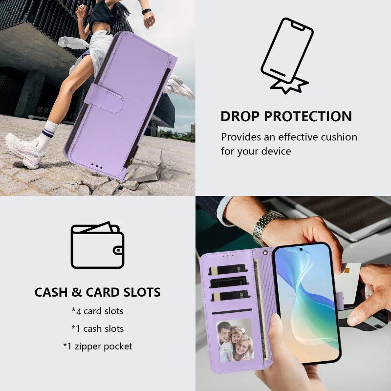 Luxurious Zipper Leather Wallet Phone Case with Wrist Strap and Card Slots
