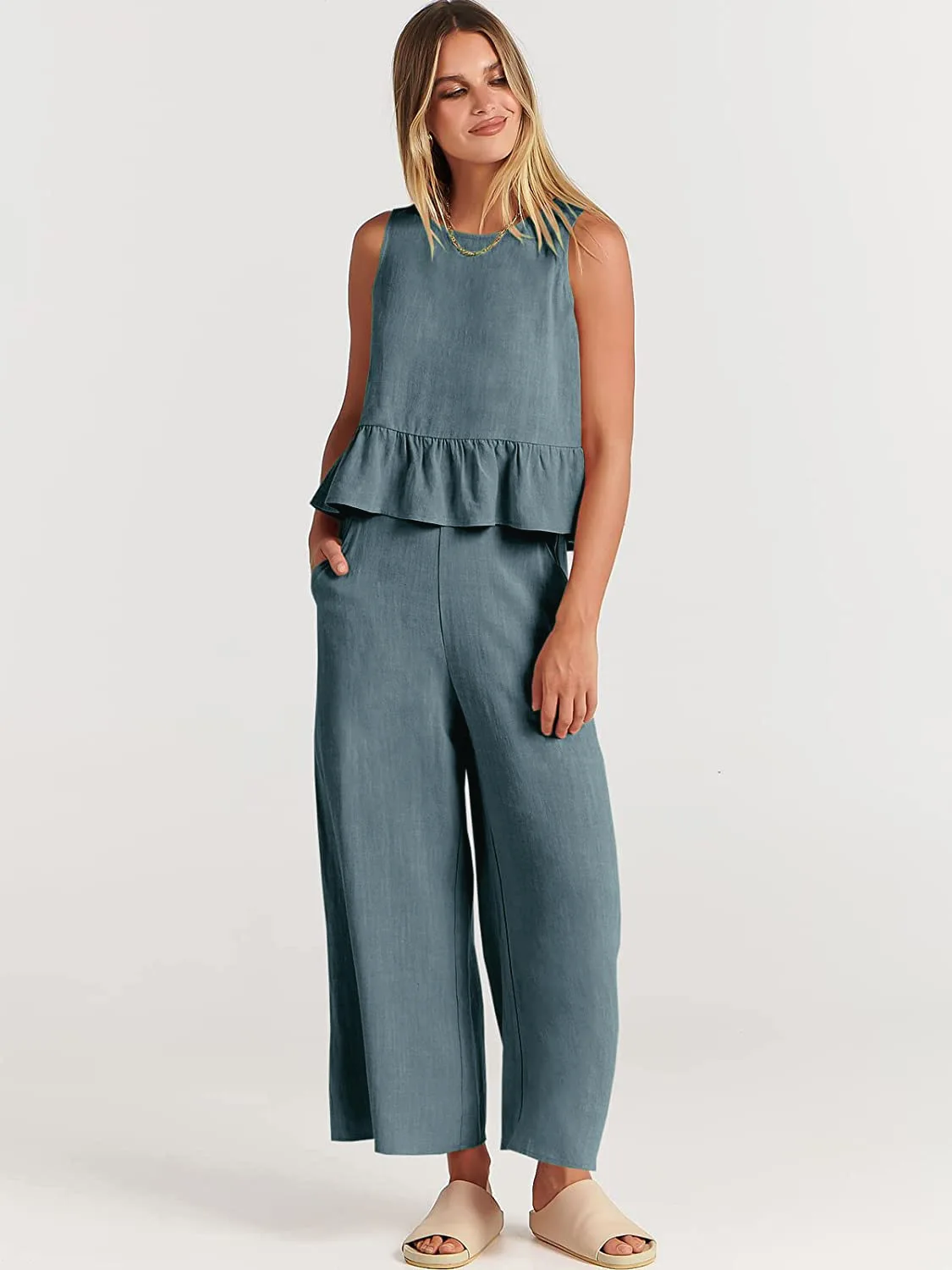 Women Summer Casual Linen 2 Piece Pants Set Solid Elegant Two Piece Suit Sleeveless Wide Leg Outfit 2023 New In Matcing Set -Sb28e8629cbb1409e9ee096441ee97790h