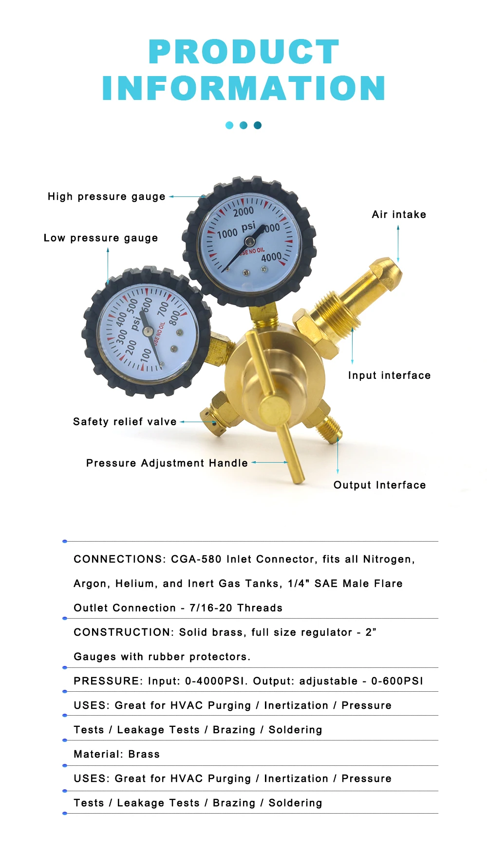Description Picture 5 of item1/4" Brass Nitrogen Regulator 0-600PSI Gas Pressure Reducing Valve Connection Gauges CGA580