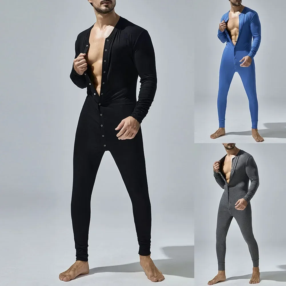 Men Jumpsuits Bodysuits Pajamas Button Down Long Sleeve Sleepwear M-XXL