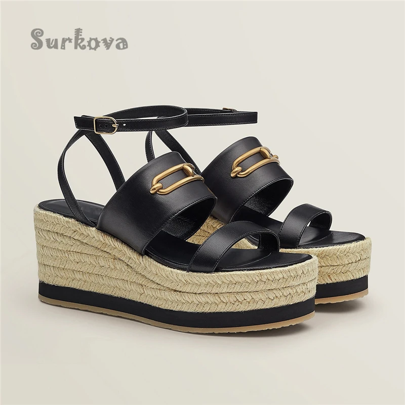 

Metal Decoration Platform Espadrille Shoes Elegant Peep Toe Grass Woven Bottom Wedges Shallow Buckle Strap Show Women's Sandals