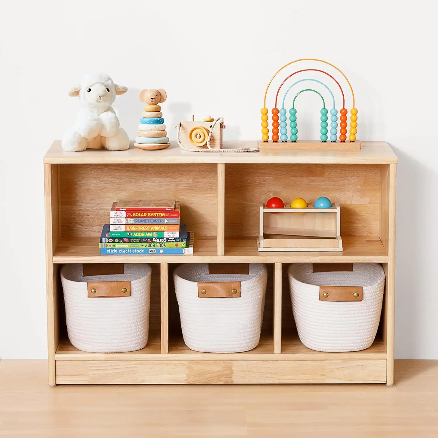 Wood 5-Compartment Montessori Shelf, 35.4" L, Toy Organizers and Storage, 2-Tier Wooden Storage Cabinet, Kids Classroom O