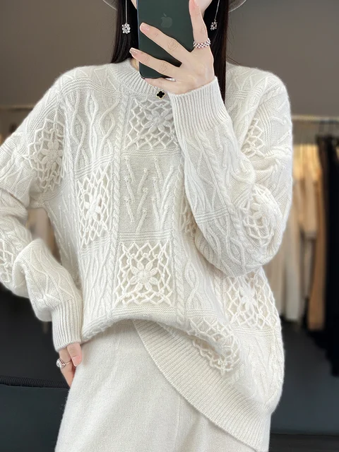 سترة نسائية مفرغة كبيرة الحجم 100% بلوفر من الصوف الأسترالي برقبة دائرية وصل حديثًا ملابس علوية محبوكة للسيدات اتجاهات الموضة 2