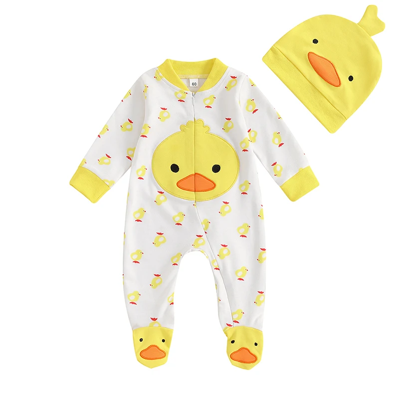 Pudcoco Newborn Baby Boy Girl Duck Outfit, Long Sleeve Full Length Footed Jumpsuit Duck Hat 2 Piece Set for Fall 0-6M