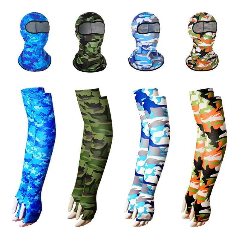 Ice Arm Sleeves Tactical Camouflage Face Bandana Sleeves 2pcs/Set Windproof Cycling Hiking Scarves Seaming Process Camping Head Scarf Arm Sleeve