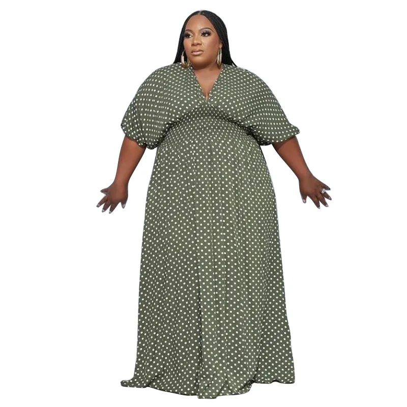 

African Dresses for Women 2022 Summer Fashion Style African Women V-neck Polyester Short Sleeve Green Yellow Long Dress