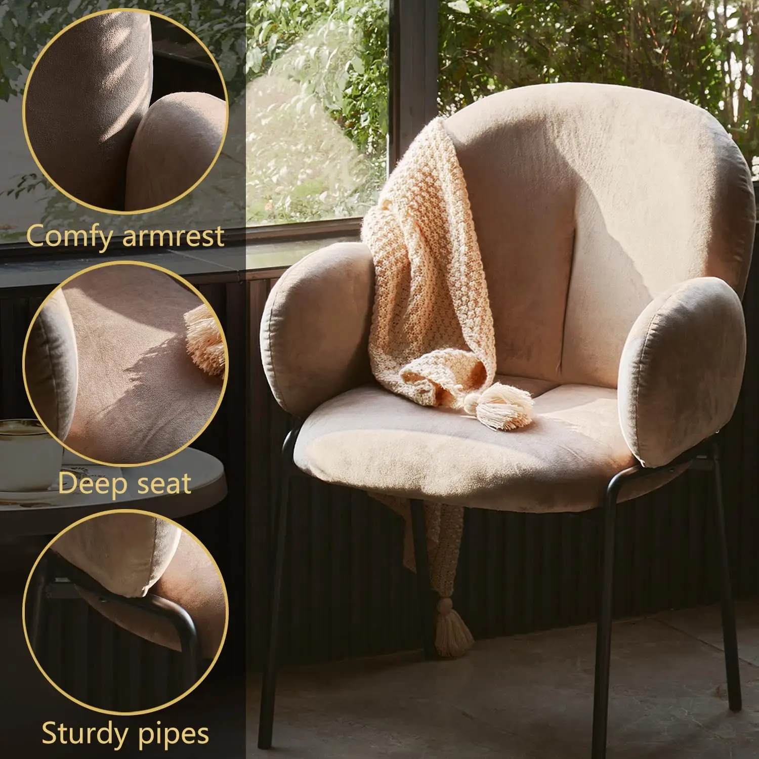 Modern Upholstered Arm Chair. Dining Velvet. Sturdy Metal Legs. Heavy Duty. For Living & Dining Room. Gray.