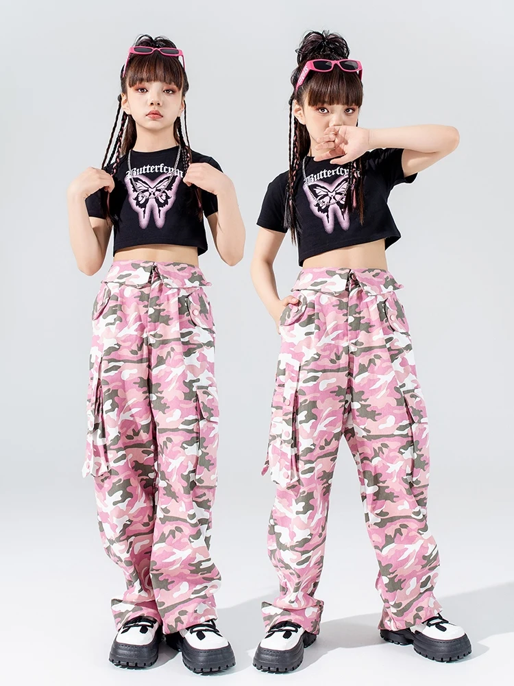 

2024 Girls Black Crop Tops Camouflage Pants Streetwear Children Hip Hop Street Dance Wear Kids Jazz Stage Rave Clothes DQS16230