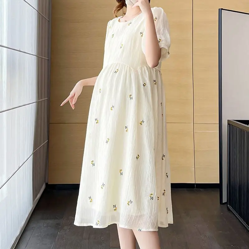 

Maternity Summer Dresses Fashion Silk Embroidery Flower Loose Sweet Long Pregnancy Dress 2023 Clothes For Pregnant Women Dress