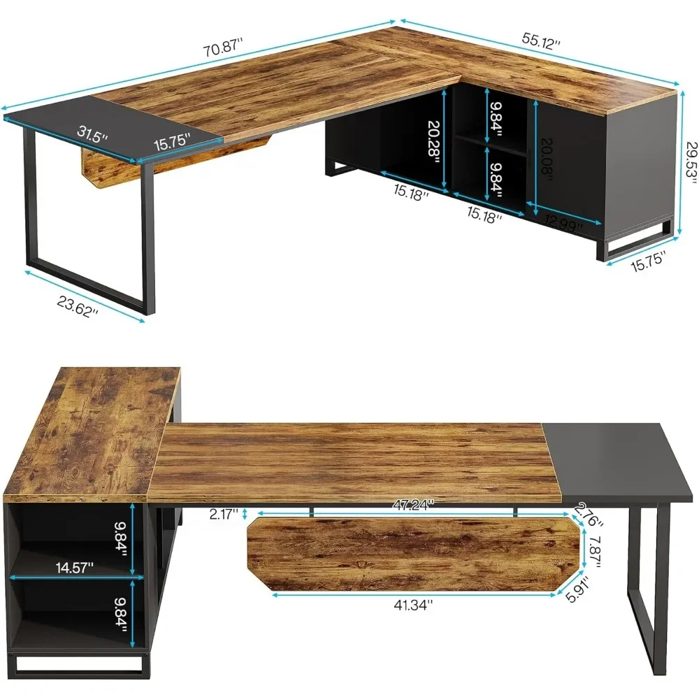 Executive Desk 70.8" 55" File , L Shaped Computer Desk Storage Shelves and Cabinet, Large L Shaped Executive Home Office