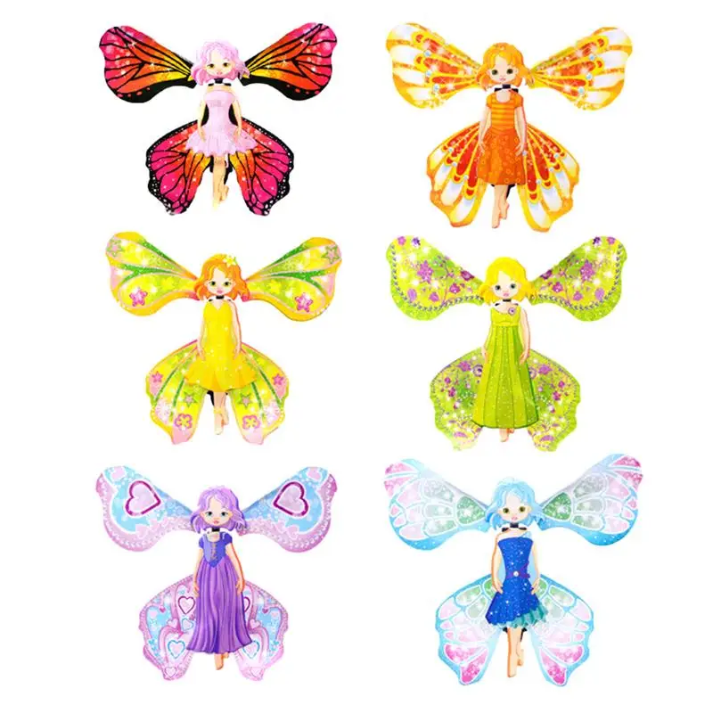 6pcs Magic Flying Butterfly Rubber Band Powered Wind Up Toys Fairy Princess With Wings Magic Forest Thumbelina Toy For Girls