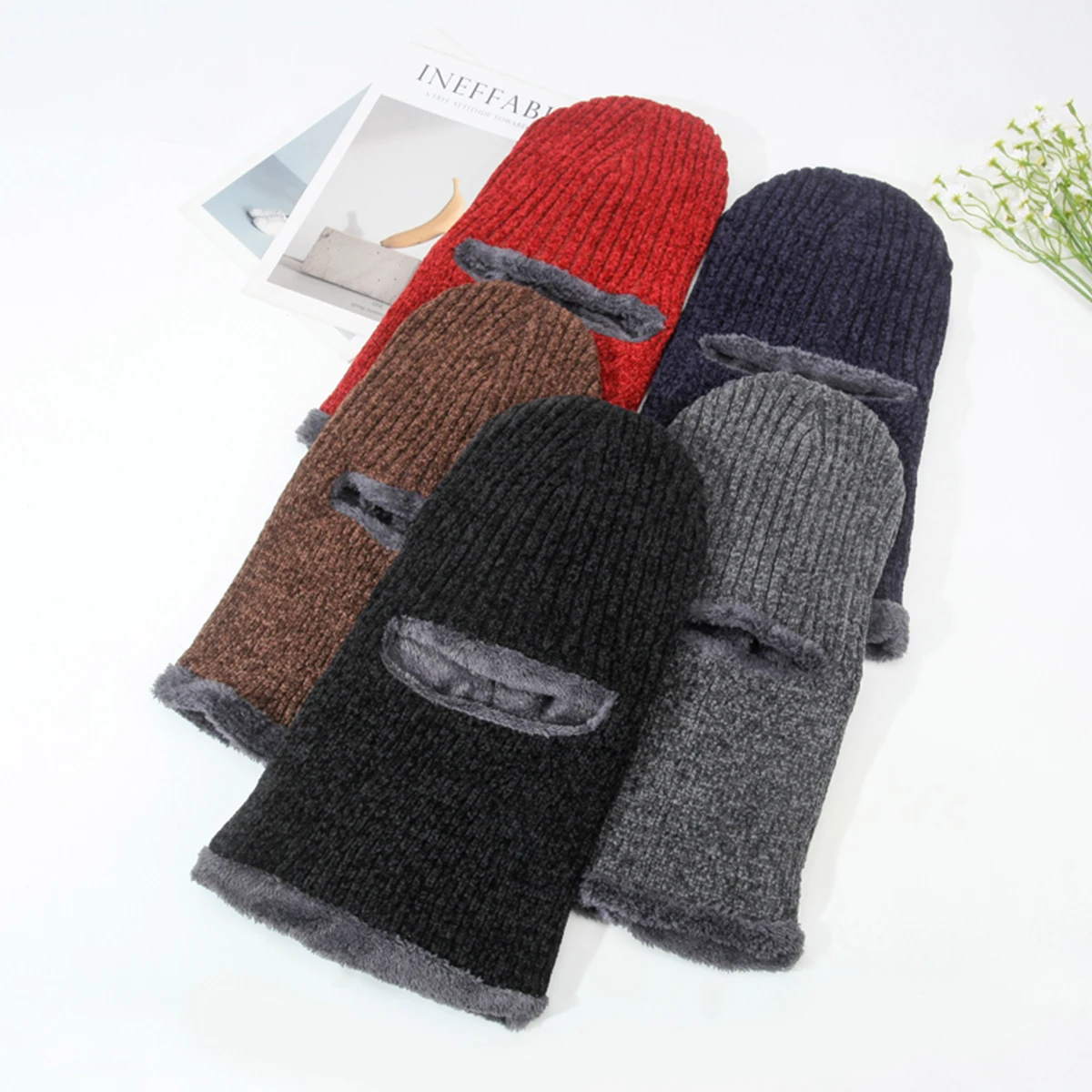 Men's Winter Thickened Warm Knit Hat with Integrated Neck Warmer, Cotton Hat for Winter Cycling, Windproof and Cold-Proof Headgear, Knitted Hat