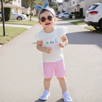 Adorable Infant Girl Tennis Ensemble with Cute Ruffle Sleeve Top and Checkered Shorts Adorned with Bows - 2 Piece Set 4
