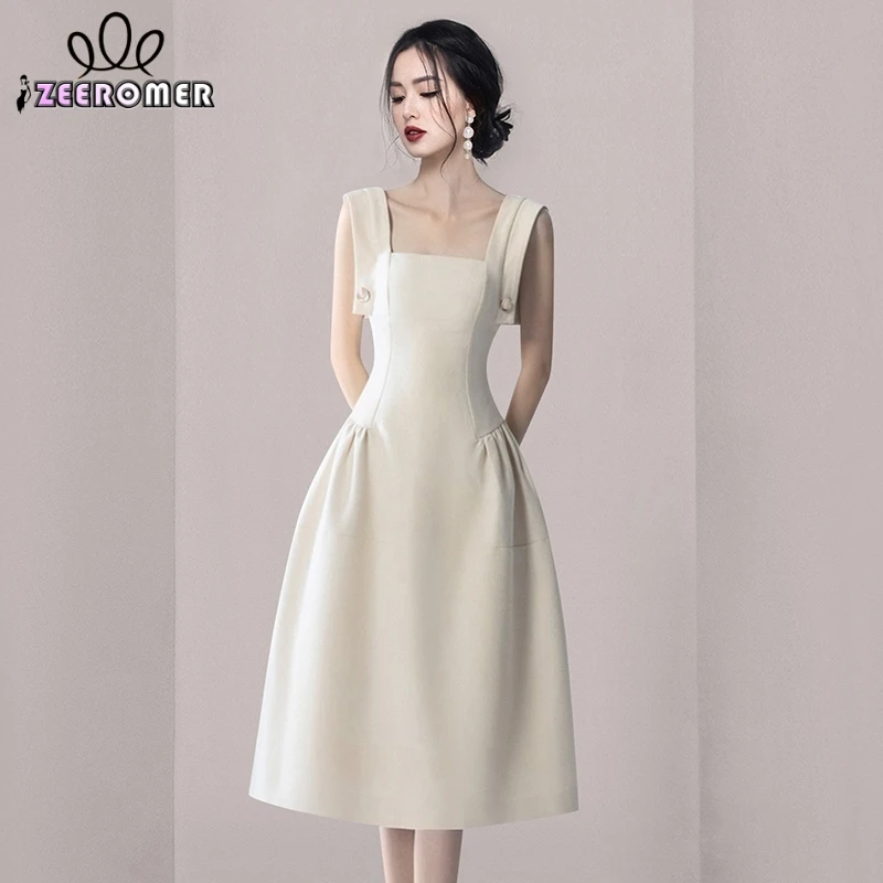 

2023 Summer Fashion Designer White Ball Dress Women Vintage Square Neck Sleeveless Slim A-Line Knee-Length Party Dress Vestidos