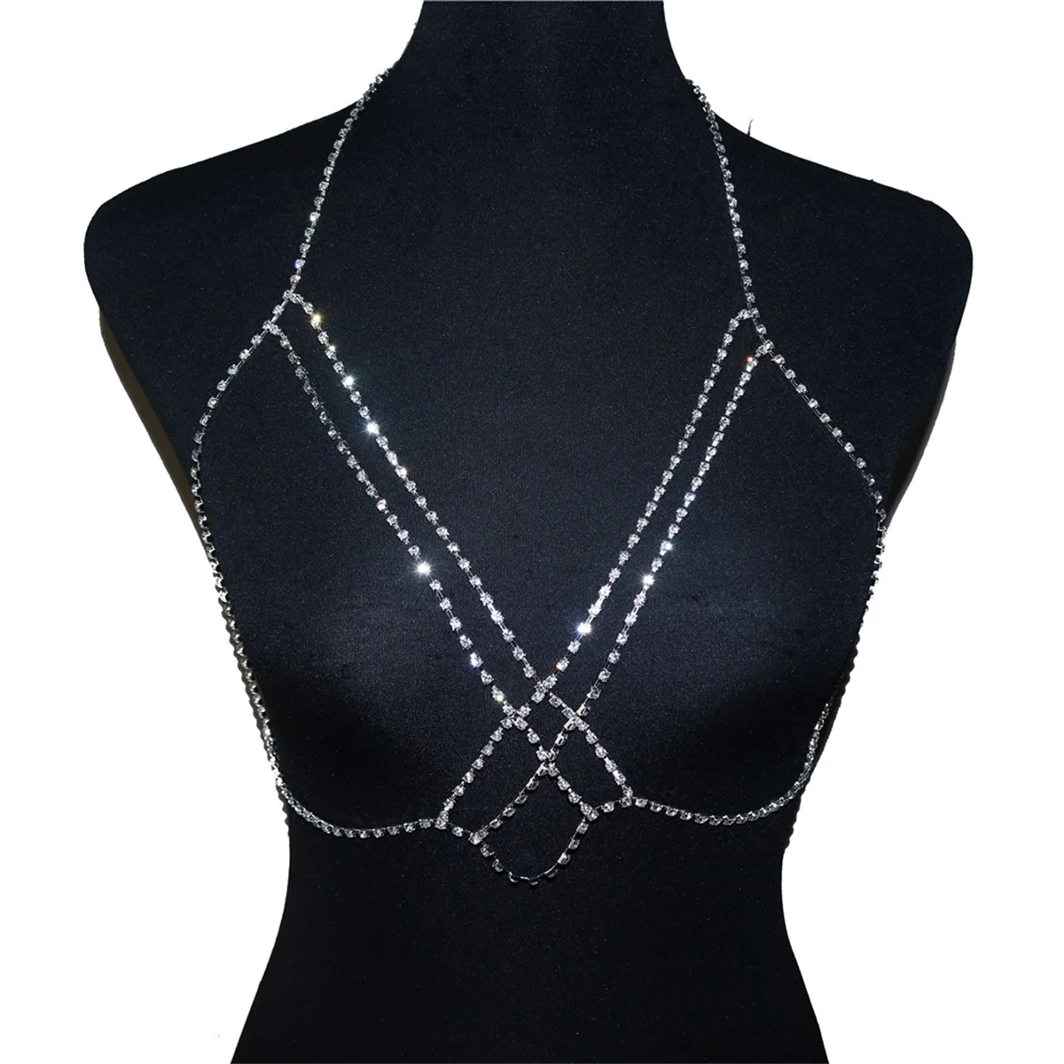 Elegant Rhinestone Cross Bra Body Chain Bikini Top Jewelry Beachwear Harness Necklace