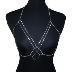 Elegant Rhinestone Cross Bra Body Chain Bikini Top Jewelry Beachwear Harness Necklace (Silver Plated)