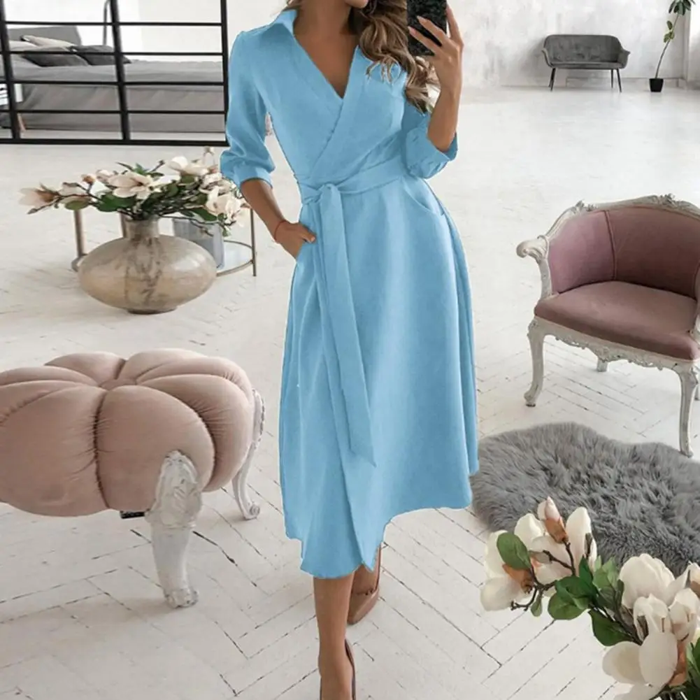 

Women Long-sleeved Dress Elegant A-line V Neck Midi Dress With Belted High Waist Pockets For Fall Spring Parties Women Dress