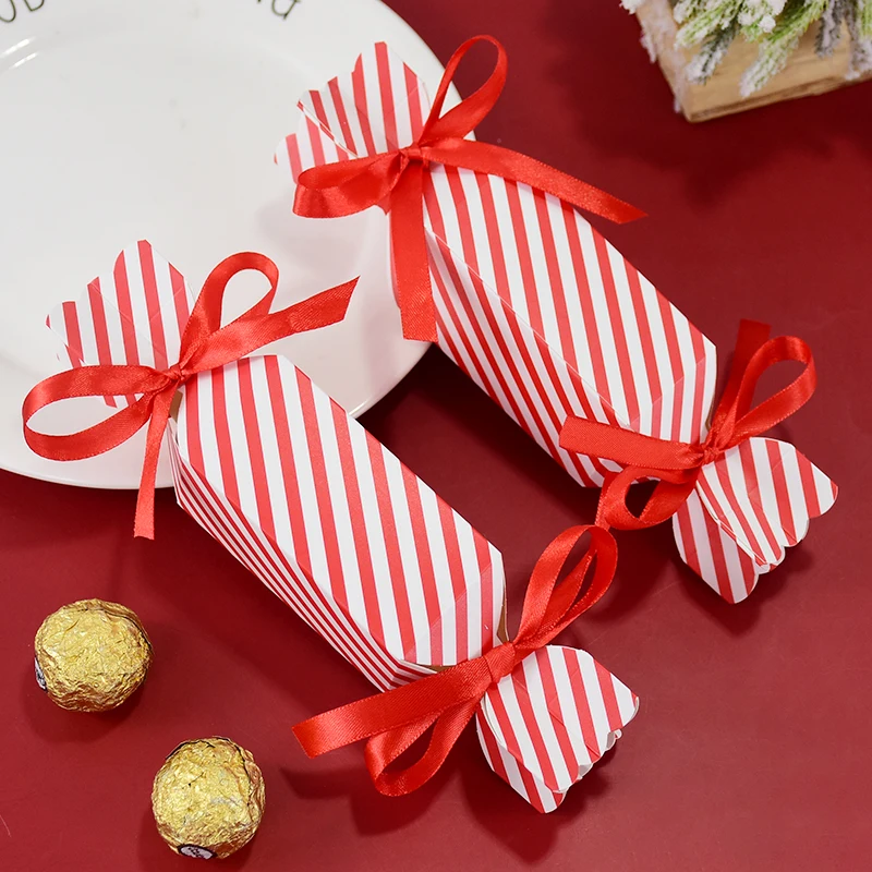 5–10 Stück fröhliche rot gestreifte bonbonförmige Boxen, Hochzeitsbevorzugung, Geschenkbox mit Band, für Kinder, Weihnachten, Geburtstag, Party, Cracker-Box, Dekor – Detail 3