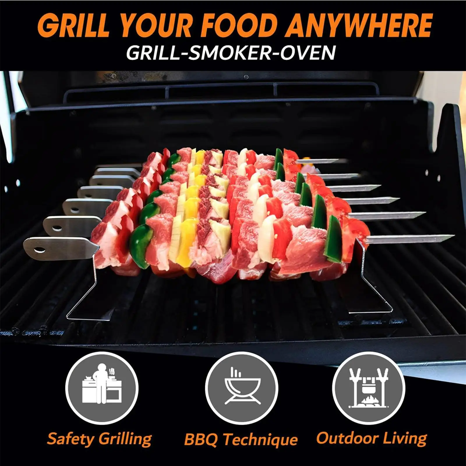 Skewers Holder Set Anti-slip Groove Stainless Steel Kebabs Skewers Racks BBQ Flat Support Stands BBQ Accessories
