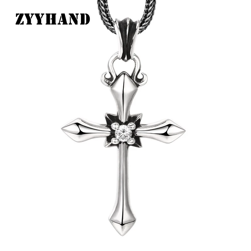 

S925 Sterling Silver Cross Pendant Clean Stone Old Process Simple Punk Style Thailand Silver Fine Jewelry FYNE255