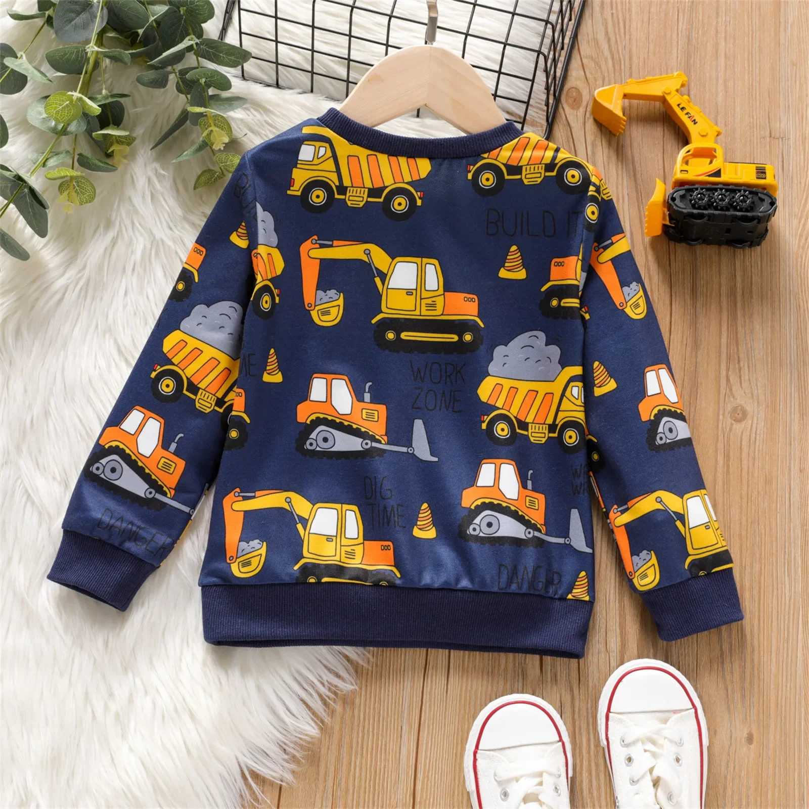 Kids Hoodie Sweatshirts Toddler Boy Vehicle Excavator Print Pullover Basic Style For Outings Daily Wear
