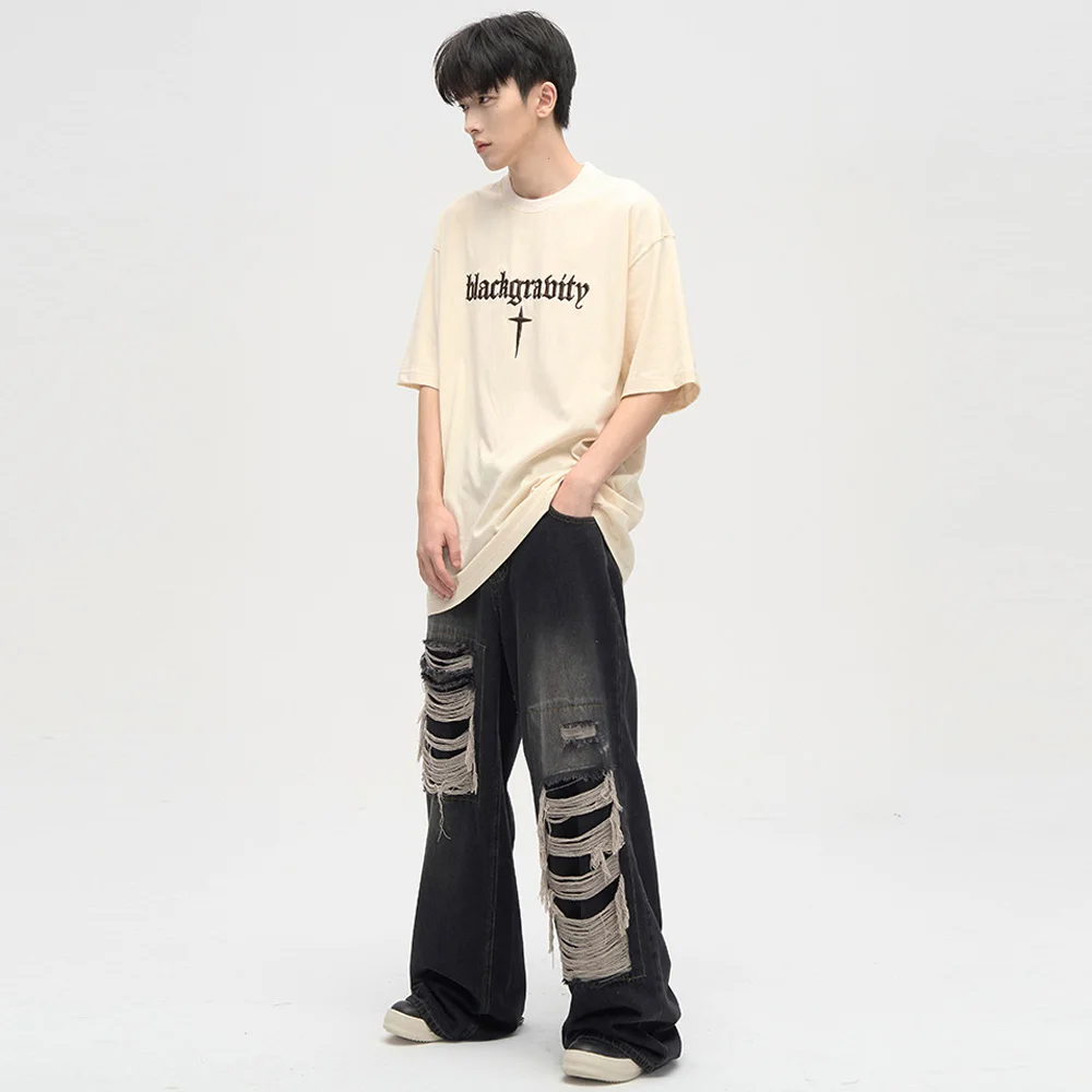 Men's Ripped Black Jeans Harajuku Wide Leg Pants Denim Baggy Y2K Cargo Pants Streetwear Koean Style Clothes Gothic