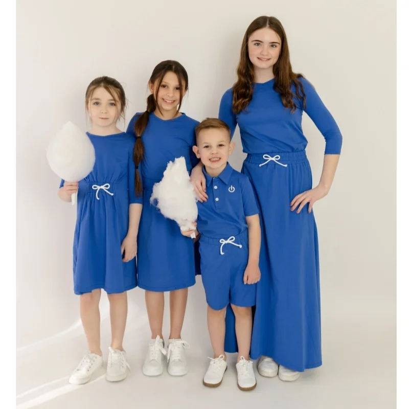 Ap 2025 Spring Summer Cotton navy blue Solid Casual Clothing Boys Girls Fashion Family Matching Clothes Dress Set 3