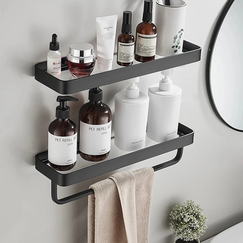 

Bathroom Shelf Bath Shower Shelf With Bar Aluminum White Glass Shelf Bathroom Corner shelf Wall Mounted Kitchen Storage holder