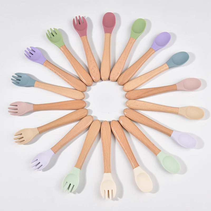 Baby Fork&Spoon Set Soft Silicone Head with Non-Slip Wooden Handle BPA Free Dishwasher Safe Ideal for Toddler Meals (6+ Months) 5