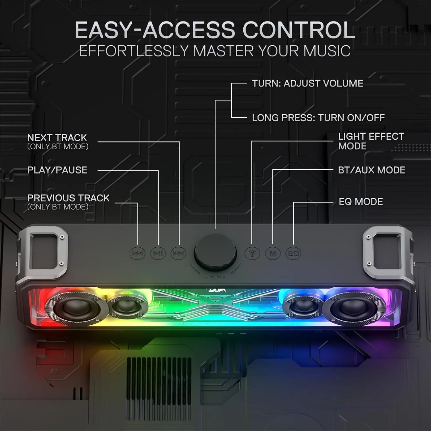 Bluetooth Speaker Mini Bluetooth Speaker Redragon GS817 RGB 2.0 Channel Stereo Speakers Touch-Control Bluetooth 5.3 & 3.5mm AUX Inputs Desktop Soundbar Black