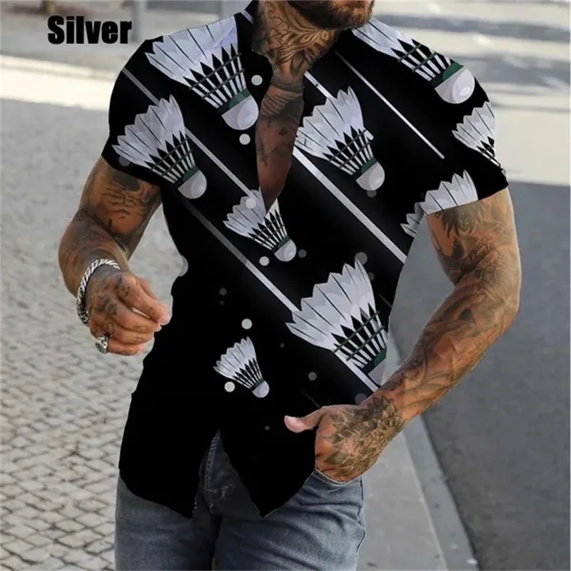 thumbnail image 1 of Camisa de playa de manga corta para hombre, estampado completo, con estampado de bádminton, para verano, informal, con personalidad, talla grande, 1 of 5