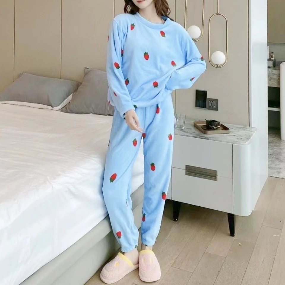 Sweet Women Pajama Set Strawberry Pullover Top 2Pcs Elastic Waist Straight Pants Casual Autumn Winter Fleece Homewear Suit Y2K