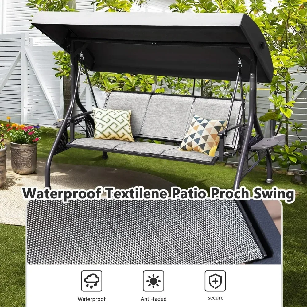 Outdoor Patio Swing with Adjustable Canopy, 3 Seat Outdoor Porch Swing with Cup Holders, Waterproof Textilene Swing Chair 2