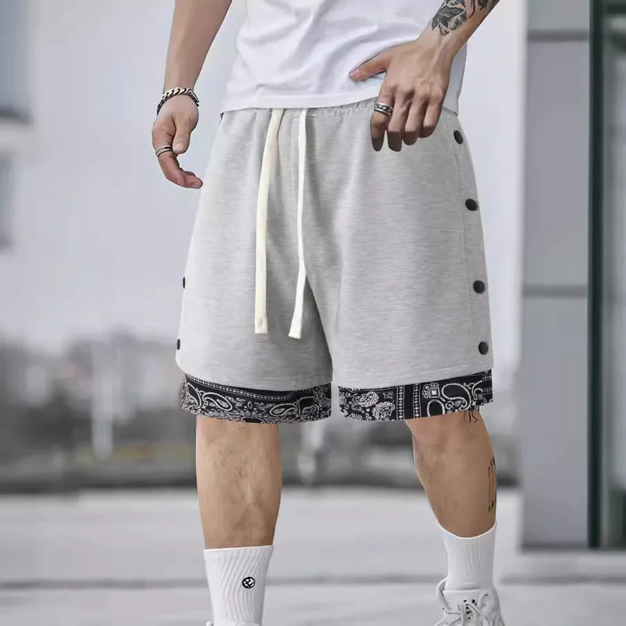 2024 Summer trendy casual men shorts with loose drawstring double breasted five point pants for men's street straight leg pants