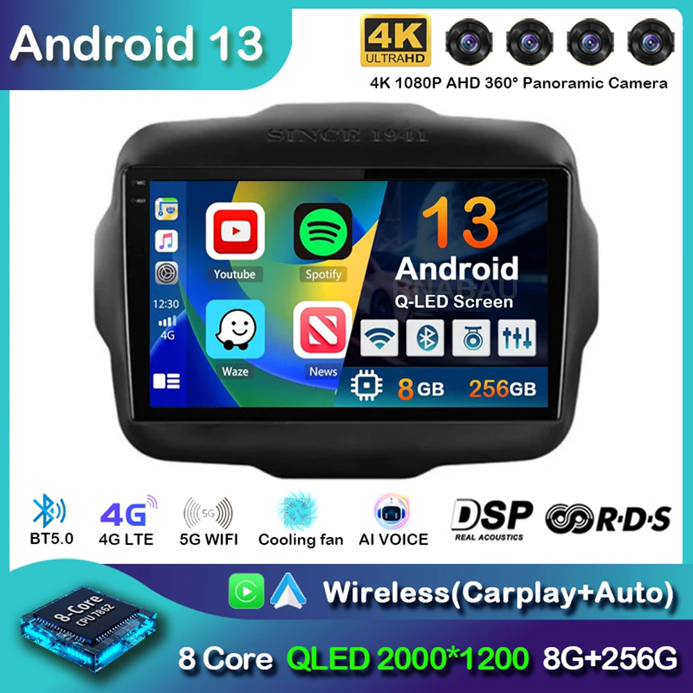 

Автомобильный радиоприемник Carplay, Android 13, для Jeep Renegade 2016-2020, GPS-навигация, мультимедийный видеоплеер, Авторадио, стерео, Wi-Fi + 4G BT