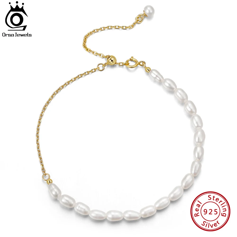 

ORSA JEWELS Fashion 14K Gold Natural Pearl Bracelet 925 Sterling Silver Adjustable Bead Chain Bracelet for Women Jewelry GPB16