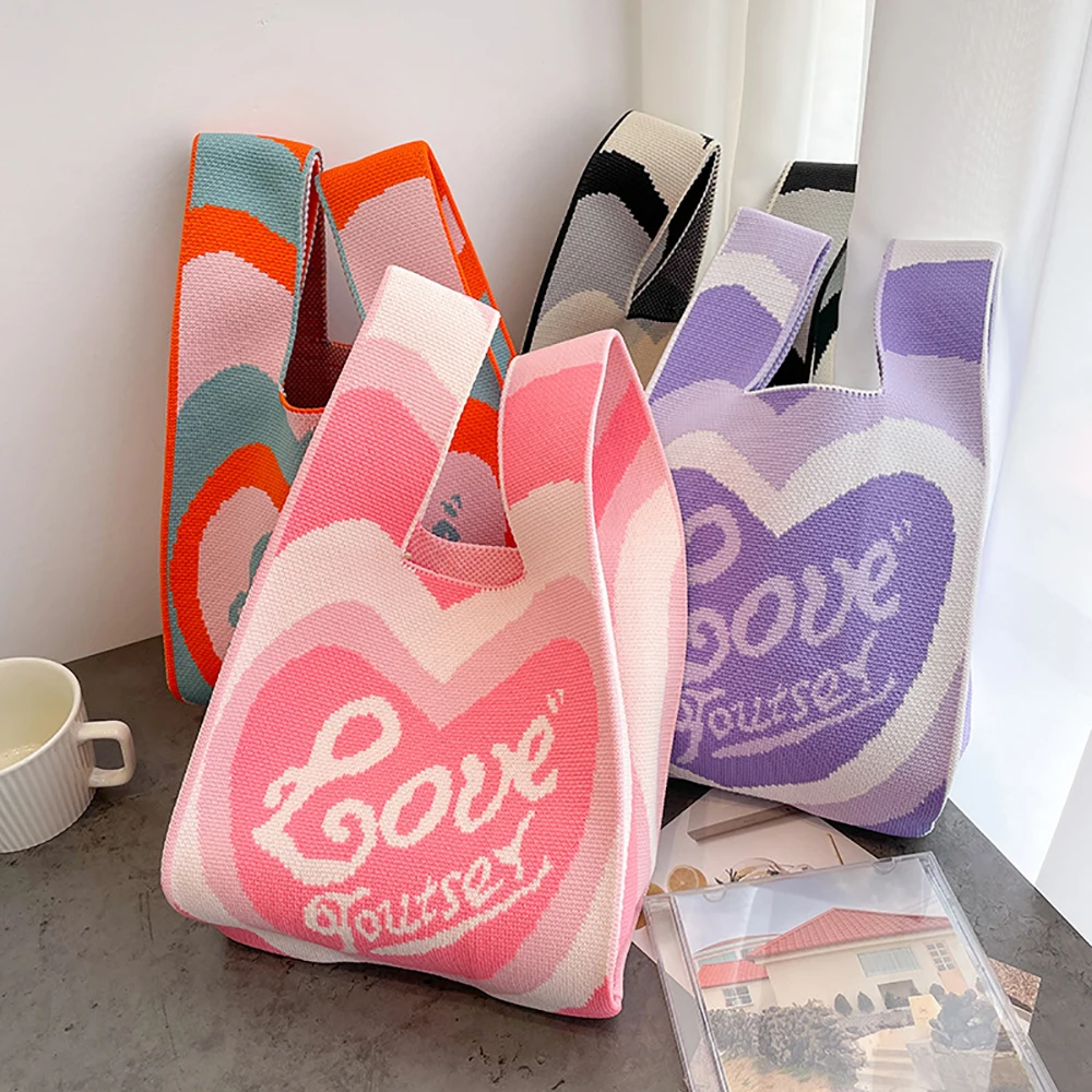

Handmade Knit Handbag Women Mini Knot Wrist-bag Female Casual Color Wide Stripe Plaid Tote Bag Student Reusable Shopping Bag