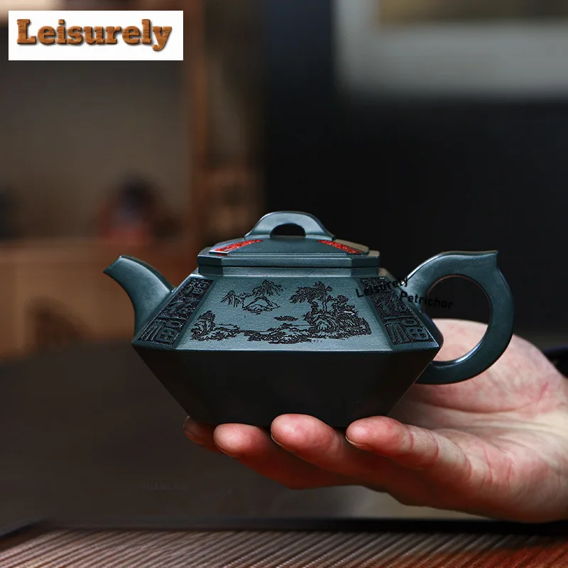 300ml Creative Yixing Purple Clay Teapots Handmade landscape Pot Raw Ore blackish green Mud Tea Infuser Kettle Zisha Tea Set