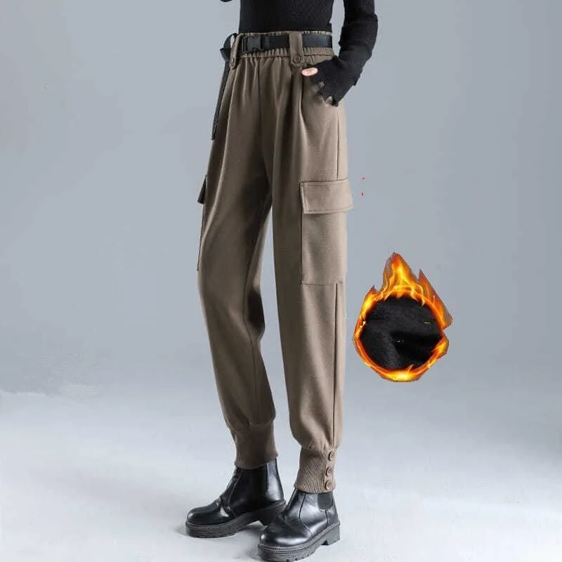 

Women's Elastic Waist Autumn and Winter Sporty High Waisted Solid Color Patchwork Pockets Belted Button Loose Casual Cargo Pants