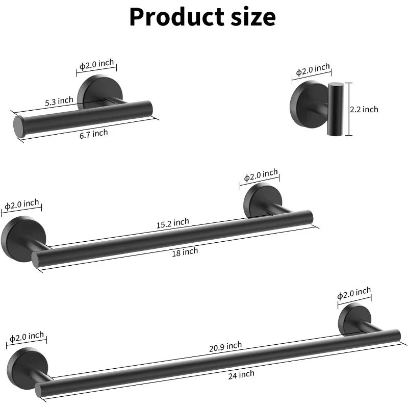 Matte Black Bathroom Hardware Set,Robe Hook,Toilet Paper Holder,5 Piece Bathroom Accessories Set Stainless Steel Wall Mounted