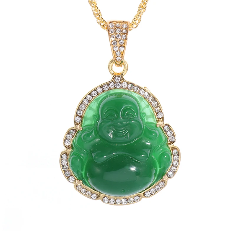 Exquisite Green Imitation Natural Stone Maitreya Buddha Pendant Necklace Inlaid with Zircon Women's Amulet Jewelry Gift