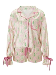 Festive Women's Satin Silk Pajama Set - Bow Tie Long Sleeve Shirt & Shorts - S (Green)