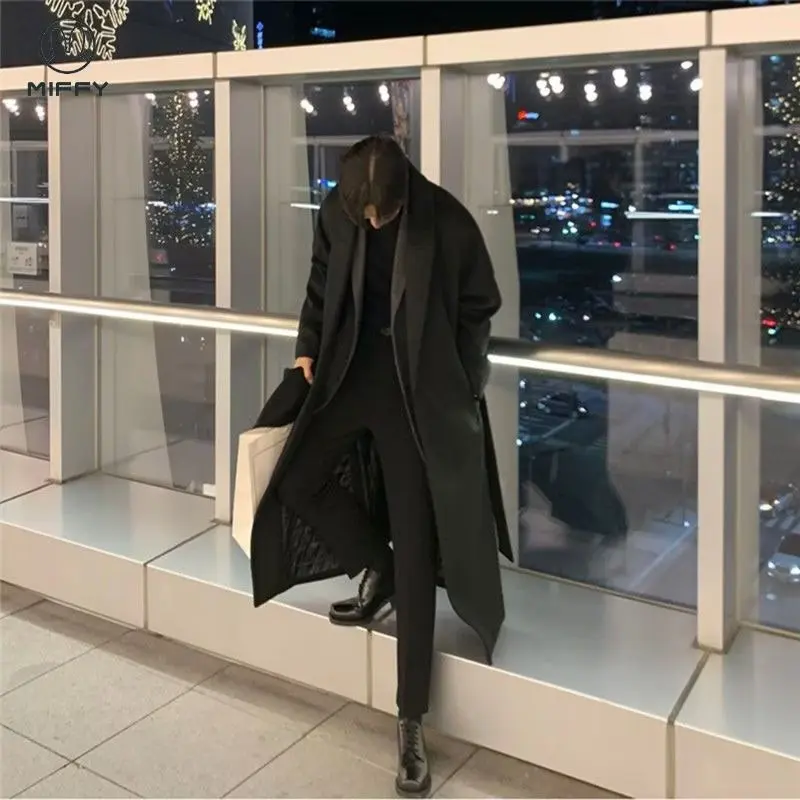 New Men Autumn Winter Coat Fashion Solid Color Atmospheric Long Single-breasted Loose Woolen Long Coat Korean Style All-match