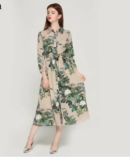 

QA156-vestido midi floral vintage para Mujer, manga larga plisada, elegante e informal, 2020