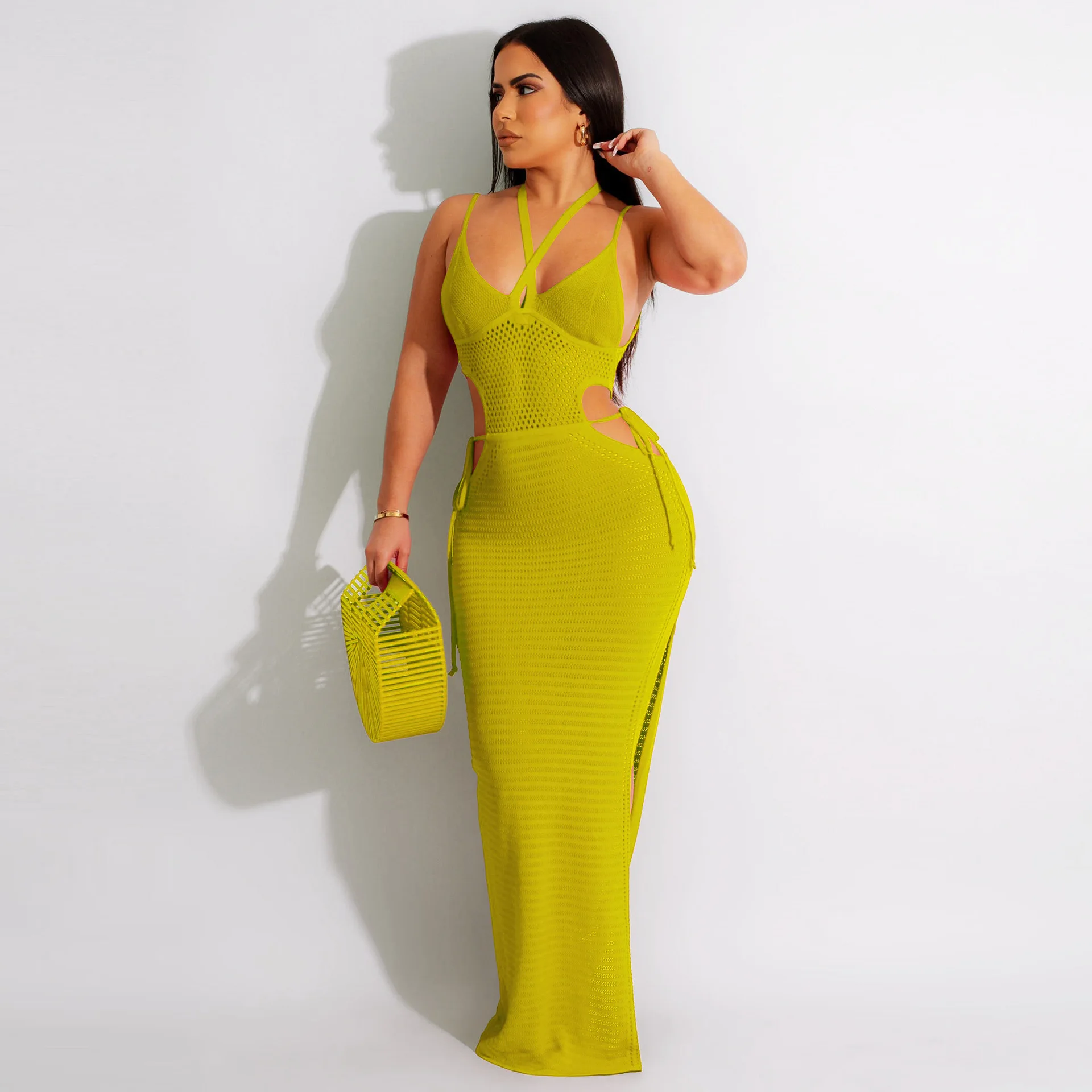 

Sexy Hollow Out Knitted Long Dresses Elegant Bandage Backless High Slit See Through Club Party Beach Wear Dress for Women Robe