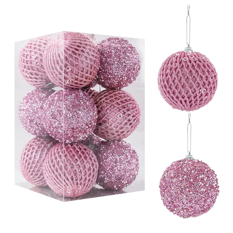 12 bolas grandes de 8 cm para árbol de Navidad, adornos con purpurina blanca y roja, colgantes para árbol de Navidad, decoración para el hogar, regalo de Año Nuevo 2025