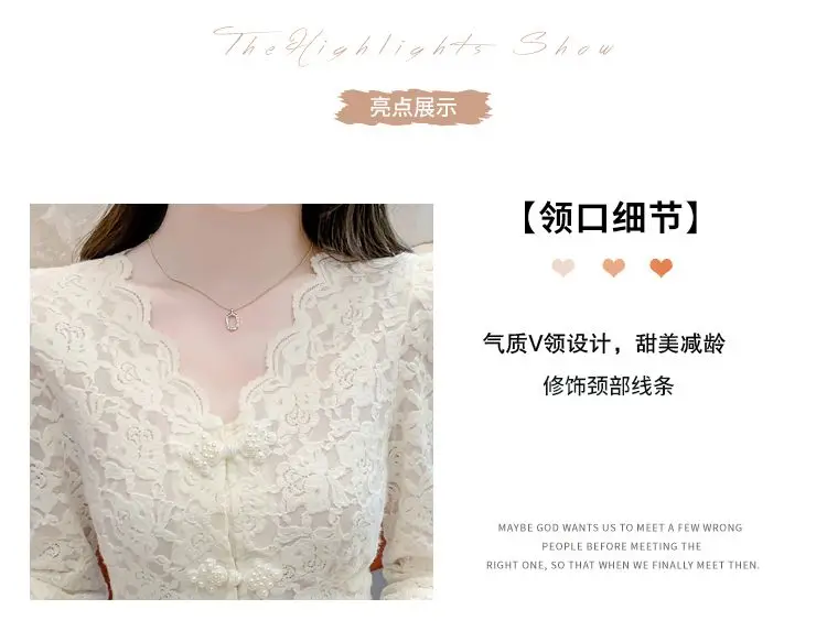 Temperament V-ausschnitt Slim Fit Spitze Hemd für Frauen Neue Französisch Süße Lange Ärmeln Einfarbig Basis Shirt Top – Detail 5