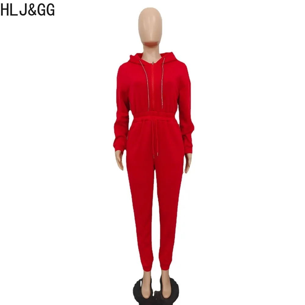 HLJ&GG Casual Solid Hooded Jogger Pants Jumpsuits Women V Neck Zip Long Sleeve Pocket Playsuits Female Sporty One Piece Overalls